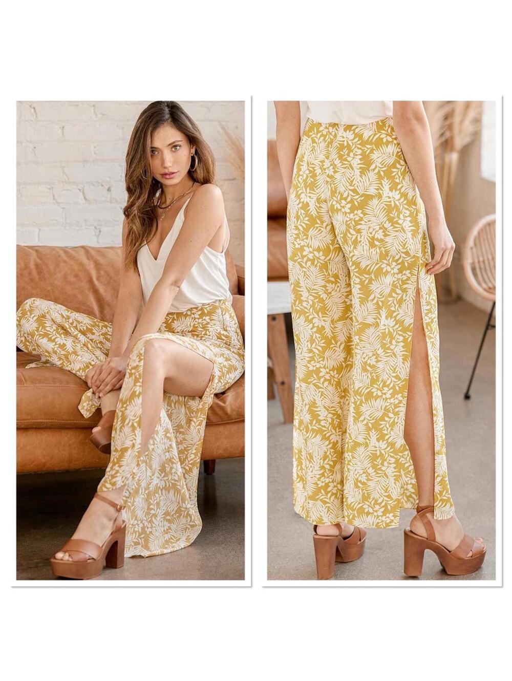 LULU’S Hey Vacay Yellow Tropical Print Flowy Wide-Leg Pants Size S NWT